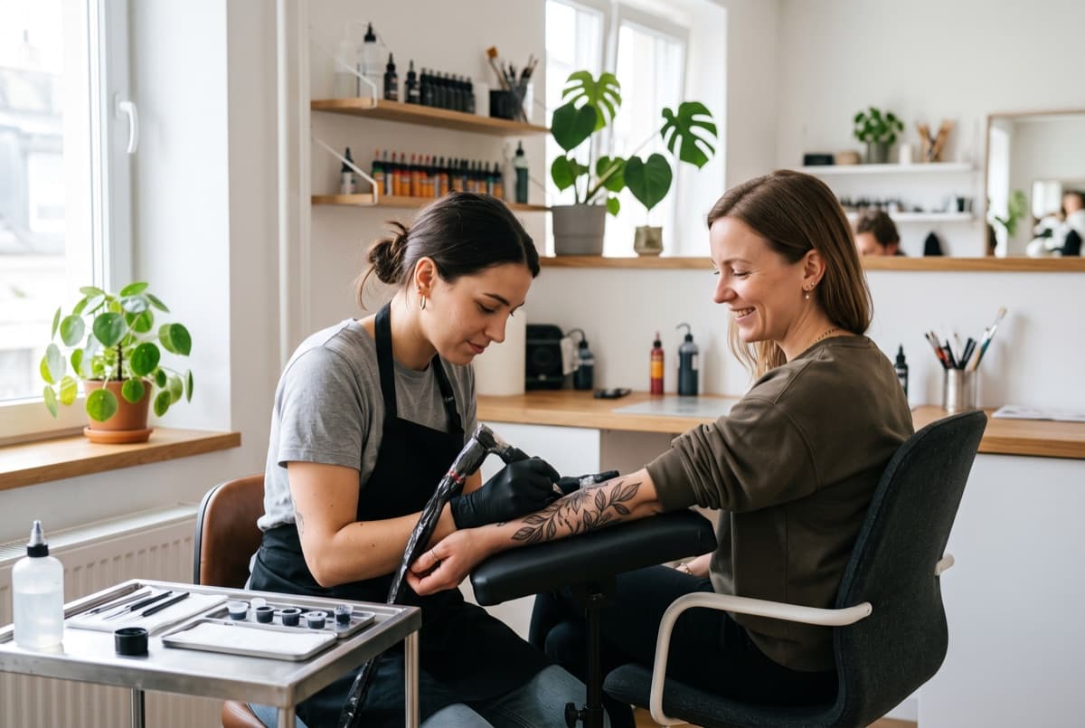 Tattoo artist working on a client's forearm in a bright, clean studio